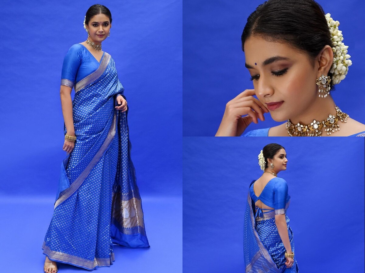 Keerty Suresh photos in blue pattu saree mesmerizes fans vn Keerthy Suresh పటటచరల