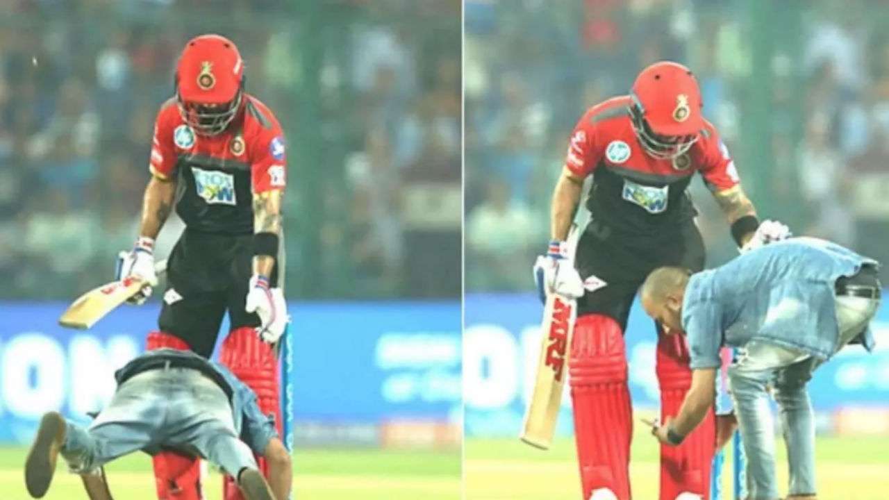 కోహ్లీ కాళ్లు మొక్కి.. సెల్ఫీ తీసుకున్న వీరాభిమాని కోహ్లీ కాళ్లు మొక్కి.. సెల్ఫీ తీసుకున్న వీరాభిమాని