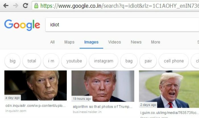 గూగుల్ సెర్చ్‌లో &quot;ఐడియట్&quot; అని టైప్ చేస్తే  ట్రంప్ చిత్రం కనిపిస్తోందట