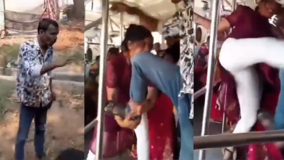 Woman passengers and male passenger fighting in tsrtc free bus video ...