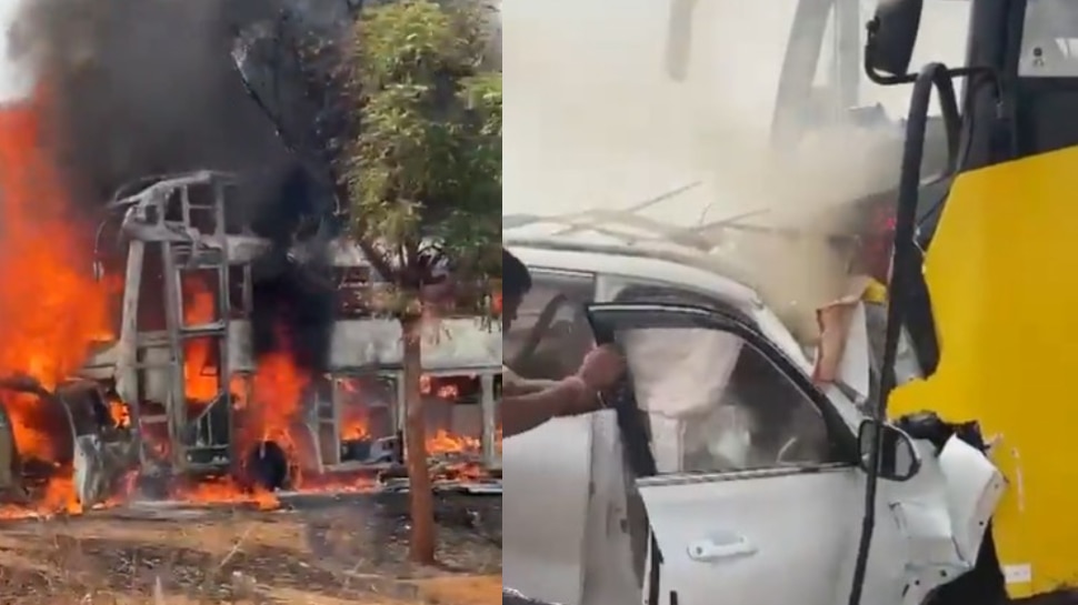 Six people burnt alive After Car Collides With Private Bus Catches Fire ...