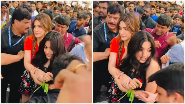 Kriti Sanon Rashmika: హీరోయిన్ రష్మికపై ఎగబడ్డ ఫ్యాన్స్..తెలుగింటి కోడలికి బాడీగార్డ్‌గా మారిన బాలీవుడ్ బ్యూటీ!
