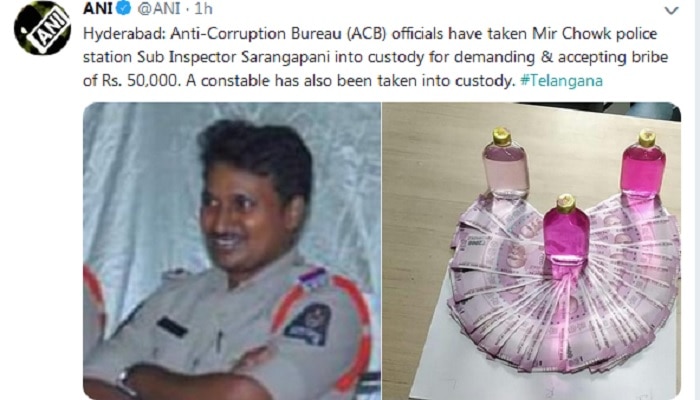 Telangana ACB officials have taken Mir Chowk police Sub Inspector Sarangapani into custody in bribery case