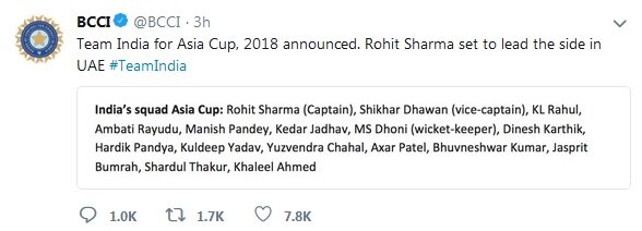 Team India players for Asia cup 2018