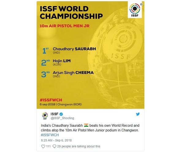 Saurabh Chaudhary bags Gold medal and Arjun Singh Cheema wins bronze at ISSF Junior World Championship