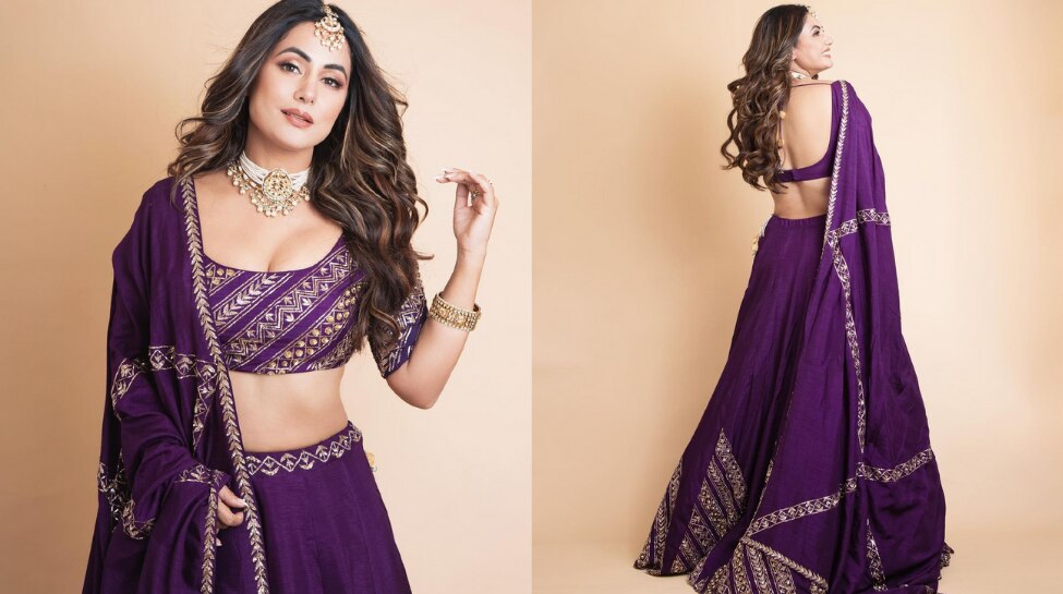  Hina khan purple lehenga pics: పర్పుల్ కలర్ బ్యాక్‌లెస్ బ్లౌజ్‌తో అదరగొడుతున్న హీనా ఖాన్