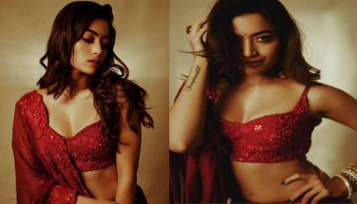 Rashmika Mandanna Hot Photos: రెడ్ గాగ్రా ఛోళీలో రష్మిక హాట్ ట్రీట్..ఎద అందాల విందు!